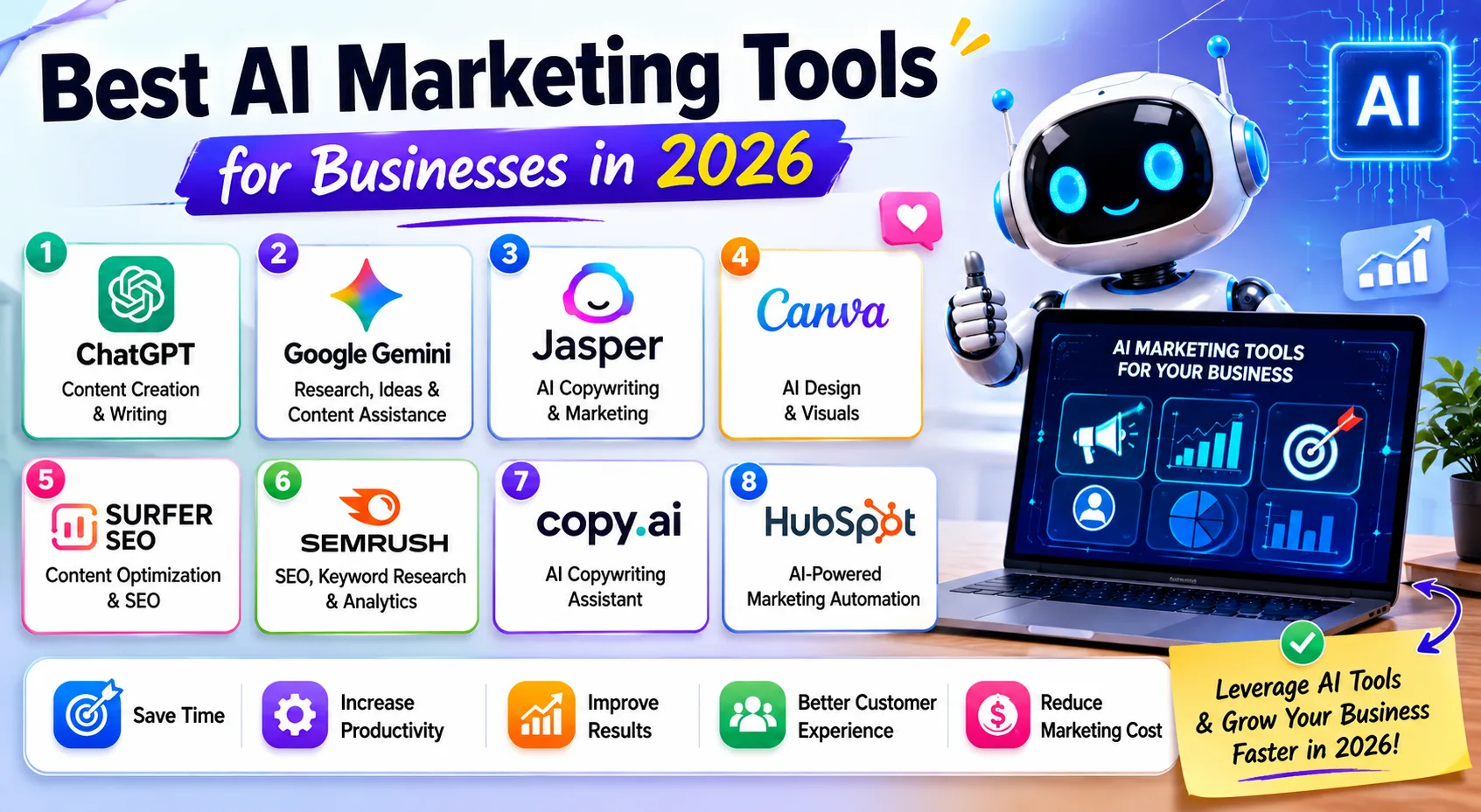 Modern AI marketing platform displaying analytics, SEO optimization, content generation, and customer engagement features.