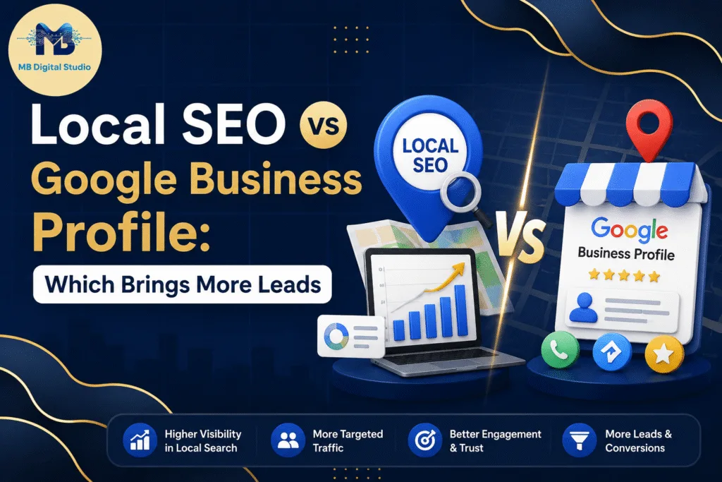 Local SEO vs Google Business Profile comparison infographic showing differences and benefits